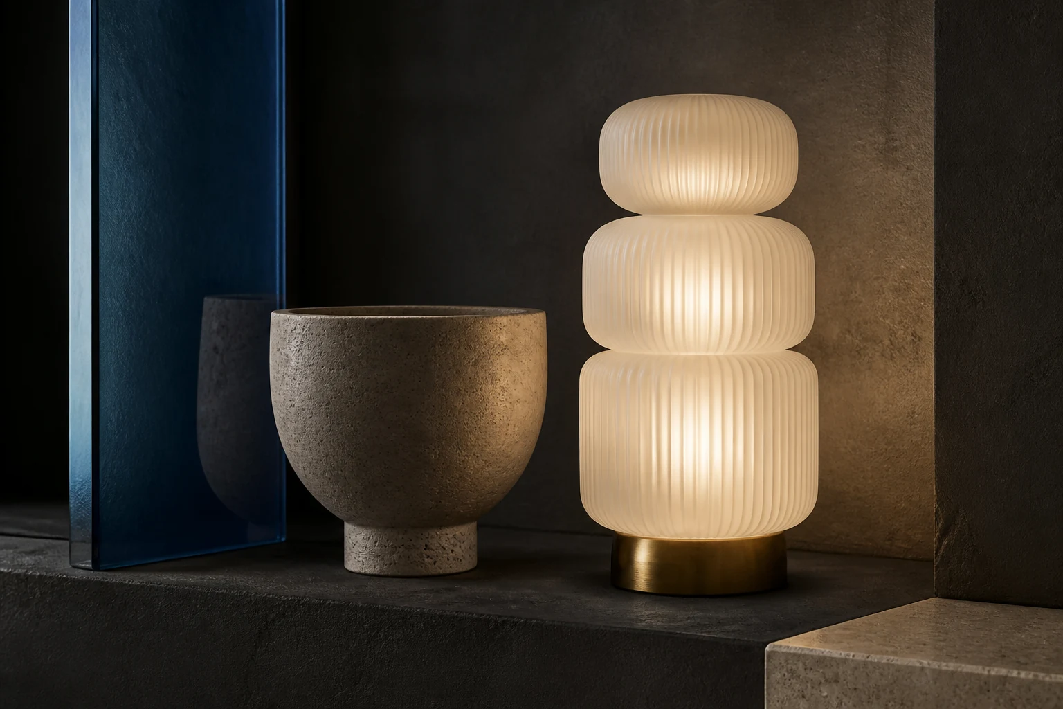 Stack light and stone vessel arranged in a dark material study