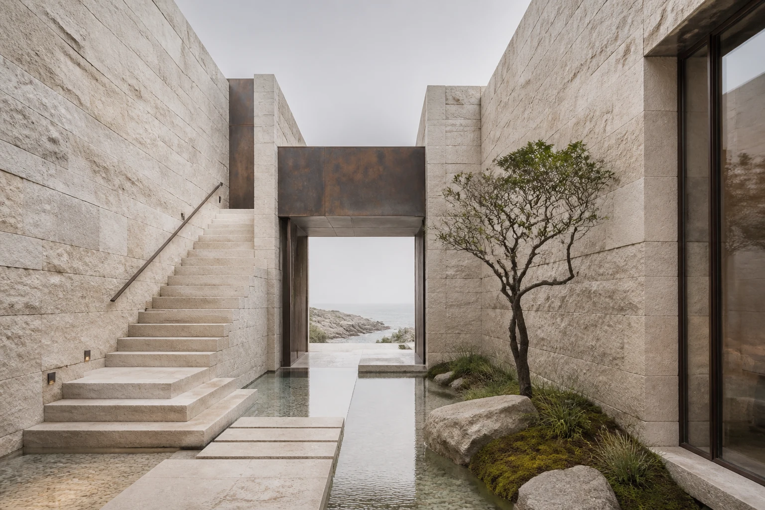 Limestone courtyard, reflecting water, and coastal tree at Cairn 17