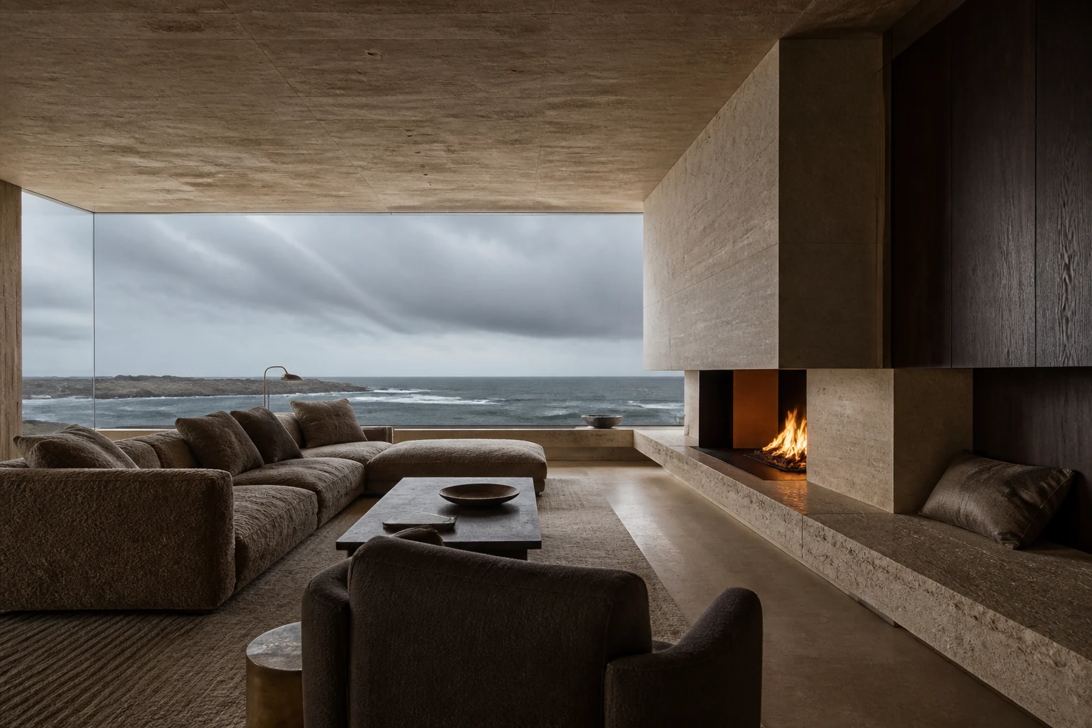 Cairn living room in limestone and dark oak facing the ocean