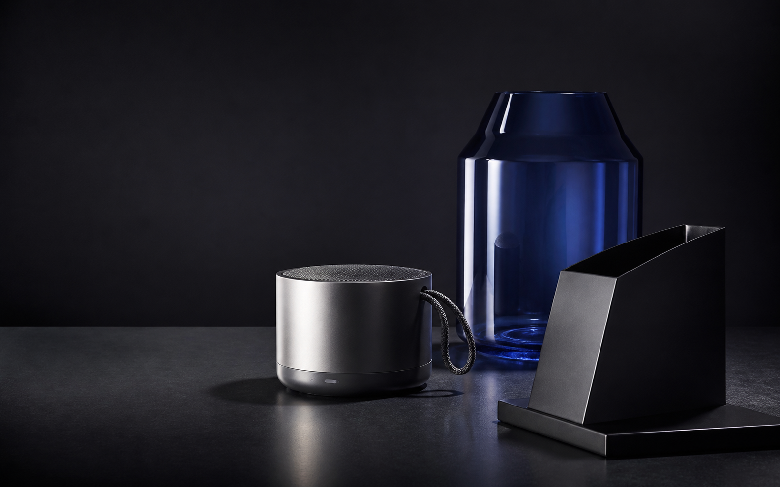 Sculptural premium products arranged in a dark cobalt studio