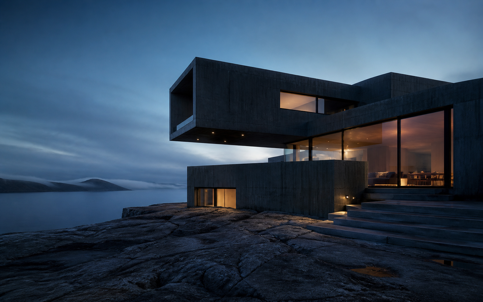 Contemporary concrete house glowing against a blue-hour coastal landscape