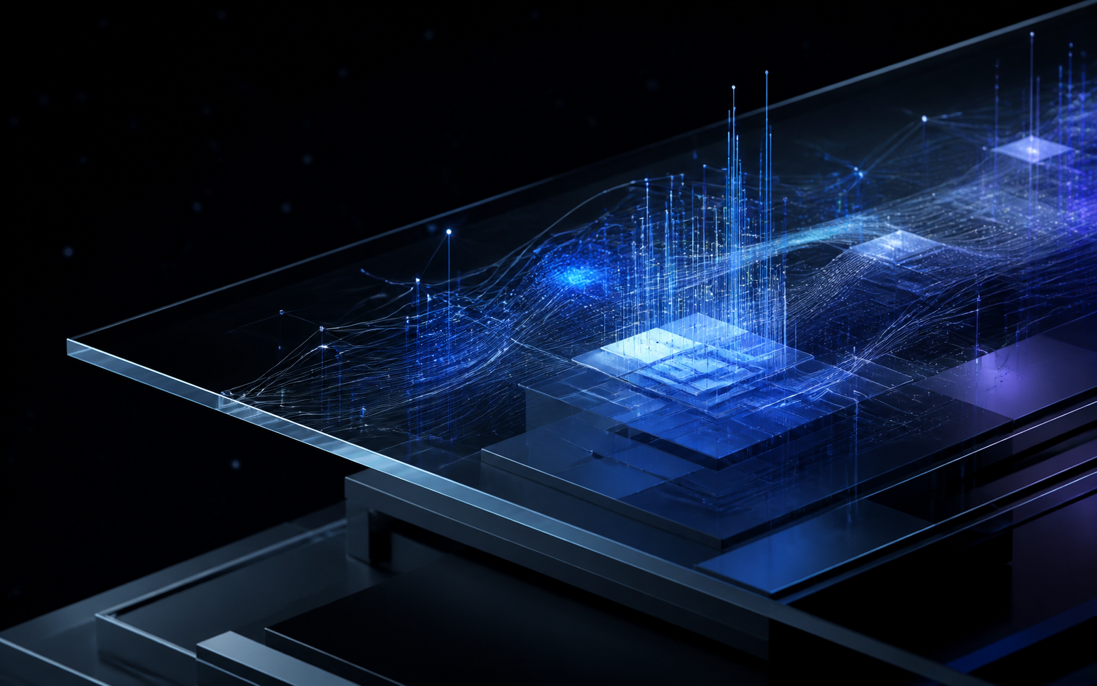 Translucent cobalt data landscape on a black spatial background